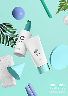 PSD 편집이미지 사람없음 뷰티 화장품 피부관리 스킨케어 야자수잎 기초화장 기초화장품 민트색 입체도형 이미지편집 도형 컬러 잎 화장 입체 파일형식