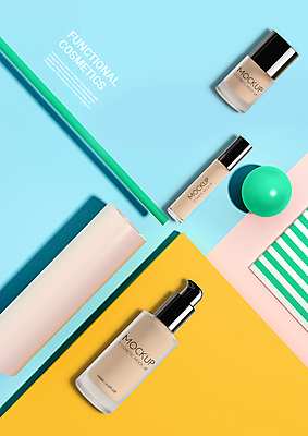 PSD 편집이미지 하늘색 사람없음 뷰티 노란색 화장품 피부관리 스킨케어 기초화장 기초화장품 입체도형 이미지편집 도형 컬러 파란색 화장 입체 파일형식