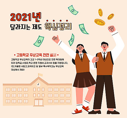 전신 여자 남자 교복 지폐 일러스트 청소년 고등학생 고등학교 타이포그라피 두명 손들기 동전 사회복지 정리 베이지색 정부정책 핵심 십대만 2021년 무상교육 국내일러스트 AI파일 문자 학생 옷 교육 컬러 돈 학교 모션 사람 연도 복지 정책 파일형식 벡터