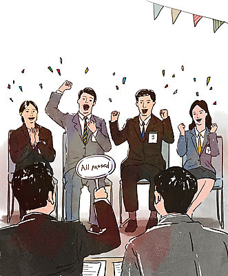 전신 PSD 여자 남자 행복 일러스트 회사 비즈니스 앉기 정장 여러명 상반신 성인 파이팅 기쁨 만세 구직 직장인 비즈니스맨 비즈니스우먼 박수 책상 합격 면접 취업준비생 면접관 성인만 국내일러스트 직업 옷 감정 가구 다수 컨셉 모션 사람 손짓 파일형식