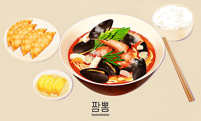 PSD 일러스트 새우 타이포그라피 사람없음 중식 단무지 홍합 쌀밥 나무젓가락 군만두 배달음식 해물짬뽕 국내일러스트 문자 음식 젓가락 밥 어패류 갑각류 배달 만두 짬뽕 파일형식