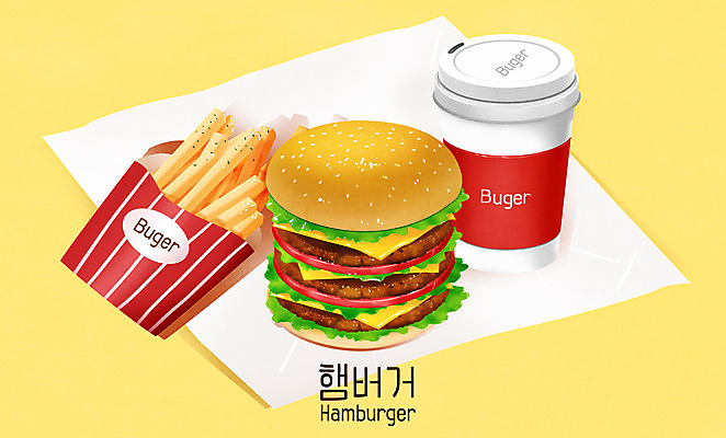 PSD 일러스트 패스트푸드 타이포그라피 사람없음 노란색 감자튀김 햄버거 콜라 배달음식 테이크아웃컵 국내일러스트 문자 음식 컬러 감자 컵 튀김 인스턴트 배달 탄산음료 파일형식