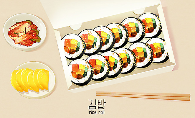PSD 일러스트 김치 타이포그라피 사람없음 분식 김밥 단무지 나무젓가락 배달음식 국내일러스트 문자 한식 음식 젓가락 배달 파일형식