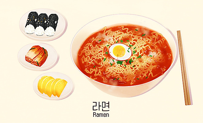 PSD 일러스트 김치 타이포그라피 사람없음 라면 분식 김밥 단무지 나무젓가락 꼬마김밥 배달음식 국내일러스트 문자 한식 음식 젓가락 면류 배달 파일형식