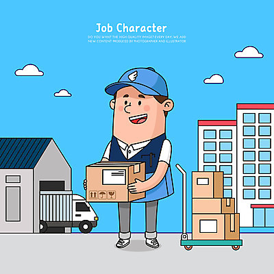 전신 직업 남자 하늘색 일러스트 아파트 직업캐릭터 한명 서기 들기 성인 건물 수레 택배기사 배송 택배 택배상자 성인남자한명만 탑차 일러캐릭터 AI파일 캐릭터 1 건축물 모션 주택 사람 파란색 상자 카트 트럭 운송업 배달원 남자한명만 성인남자만 파일형식 벡터