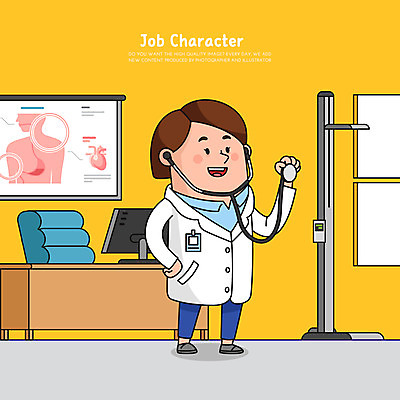 전신 직업 여자 허리손 일러스트 청진기 직업캐릭터 병원 한명 서기 들기 성인 노란색 모니터 의사 의사가운 책상 신장계 진료실 성인여자한명만 일러캐릭터 AI파일 캐릭터 1 컬러 포즈 가구 의학 의료기기 모션 사람 컴퓨터 진료 의료진 가운 여자한명만 성인여자만 파일형식 벡터