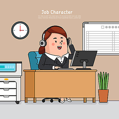 직업 여자 화분 의자 일러스트 직업캐릭터 한명 앉기 상반신 성인 컴퓨터 갈색 헤드폰 인쇄기 벽시계 화이트보드 텔레마케팅 통화 사무용책상 성인여자한명만 일러캐릭터 AI파일 캐릭터 1 시계 컬러 음향기기 가구 모션 사람 전자제품 서비스업 책상 여자한명만 성인여자만 파일형식 벡터