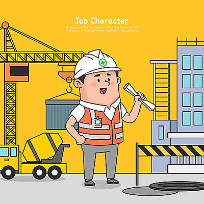 전신 직업 남자 종이 일러스트 건설업 직업캐릭터 한명 서기 들기 성인 건물 노란색 건설현장 안전모 타워크레인 레미콘 안전펜스 성인남자한명만 건설근로자 국내일러스트 일러캐릭터 AI파일 캐릭터 1 건축물 산업 컬러 모션 사람 울타리 헬멧 안전장비 기중기 남자한명만 성인남자만 파일형식 벡터