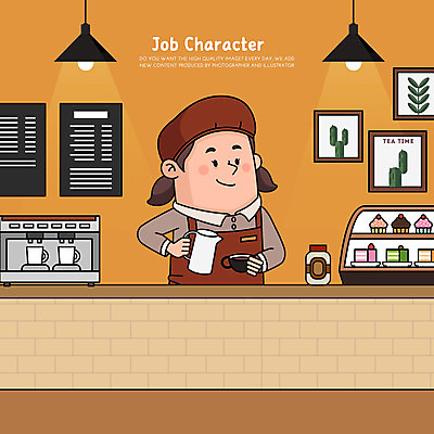 직업 여자 커피 액자 일러스트 전등 직업캐릭터 한명 들기 상반신 성인 갈색 카페 커피잔 커피메이커 진열장 메뉴판 바리스타 성인여자한명만 일러캐릭터 AI파일 캐릭터 1 음료 컬러 모션 조명 잔 사람 상점 커피용품 여자한명만 성인여자만 파일형식 벡터
