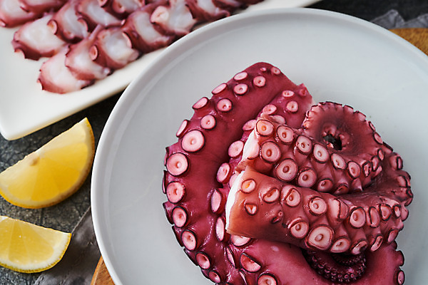 포토 JPG 스튜디오촬영 접시 음식 식재료 실내 요리 근접촬영 사람없음 레몬 해산물 문어 문어다리 문어숙회 국내포토 식기 뷰포인트 과일 연체동물 내부 수중동물 숙회 파일형식