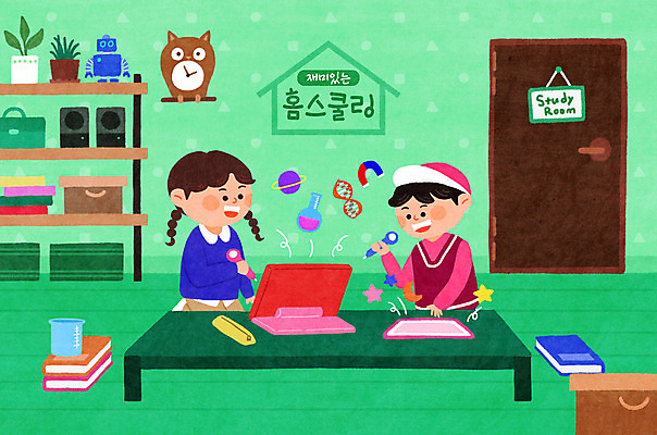 PSD 여자 남자 어린이 시계 일러스트 탁자 선반 들기 소녀 소년 상반신 두명 책 초록색 태블릿 문 방 공부방 과학교육 터치펜 홈스쿨링 어린이만 랜선라이프 언스쿨링 국내일러스트 라이프스타일 교육 컬러 과학 가구 모션 사람 전자제품 스마트기기 펜 홈스쿨 파일형식 언택트