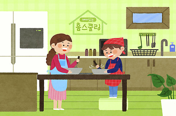 전신 PSD 여자 남자 아들 어린이 일러스트 창문 탁자 엄마 주방용품 요리 서기 소년 성인 두명 주방 앞치마 조리대 냉장고 실습 요리수업 홈스쿨링 쿠킹클래스 젓기 언스쿨링 국내일러스트 모자관계 교육 가구 생활용품 가족 모션 수업 사람 가전제품 클래스 홈스쿨 파일형식