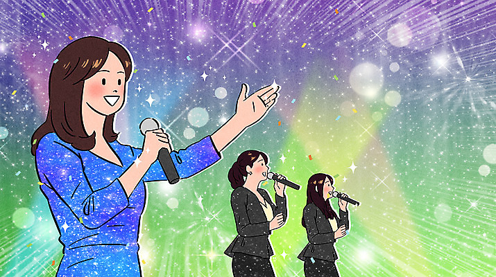 PSD 여자 일러스트 노래 들기 상반신 성인 세명 반짝임 손들기 가수 무대 마이크 빛망울 트로트 성인여자만 국내일러스트 음악 음향기기 모션 사람 빛 음악가 여자만 성인만 파일형식