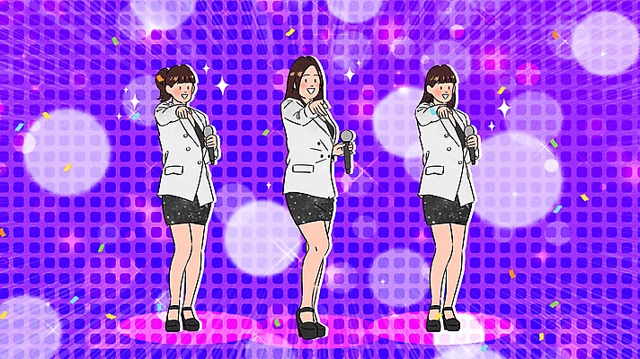 전신 PSD 여자 일러스트 서기 들기 성인 세명 반짝임 보라색 가수 무대 가리킴 그룹 마이크 빛망울 트로트 성인여자만 국내일러스트 음악 컬러 음향기기 모션 사람 손짓 빛 음악가 여자만 성인만 파일형식