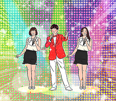 전신 PSD 여자 남자 일러스트 노래 서기 들기 정장 성인 세명 반짝임 가수 무대 마이크 스포트라이트 합창 손뻗기 트로트 성인만 국내일러스트 옷 음악 음향기기 모션 사람 음악가 파일형식