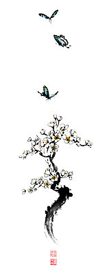 PSD 나비 일러스트 캘리그라피 붓터치 사람없음 나뭇가지 비행 동양화 매화 번짐 낙관 초충도 국내일러스트 나무 꽃 곤충 미술 그림 파일형식 효과