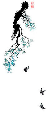 PSD 나비 일러스트 캘리그라피 붓터치 나뭇잎 사람없음 나뭇가지 비행 동양화 번짐 낙관 초충도 국내일러스트 나무 곤충 잎 미술 그림 파일형식 효과