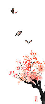 PSD 나무 나비 일러스트 캘리그라피 붓터치 나뭇잎 사람없음 나뭇가지 비행 동양화 번짐 낙관 초충도 국내일러스트 식물 곤충 잎 미술 그림 파일형식 효과