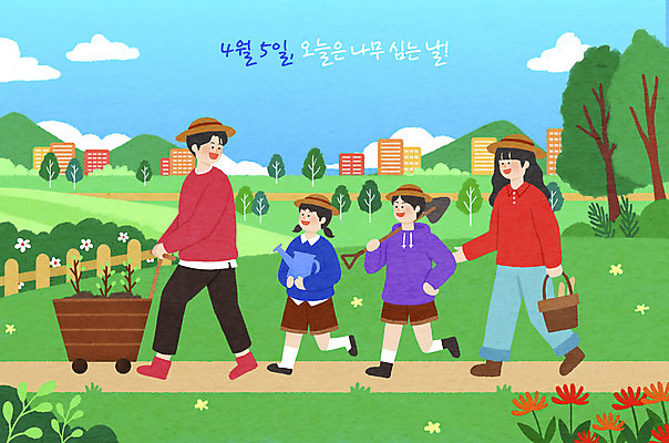 전신 PSD 나무 여자 남자 길 어린이 가방 일러스트 가족 자연 들기 소녀 소년 여러명 성인 타이포그라피 건물 초록색 걷기 자연보호 그린캠페인 수레 물뿌리개 뒤돌아보기 삽 식목일 밀짚모자 수레끌기 국내일러스트 식물 문자 모자_잡화 건축물 잡화 기념일 캠페인 컬러 다수 관계 모션 사람 카트 당기기 보호 생태계 파일형식