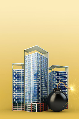 PSD 편집 편집이미지 부동산 사람없음 건물 노란색 3D 위험 폭탄 불안 디지털합성 부동산시장 위기 편집소스 편집3D 건축물 감정 컬러 컨셉 시장 재산 폭발물 파일형식