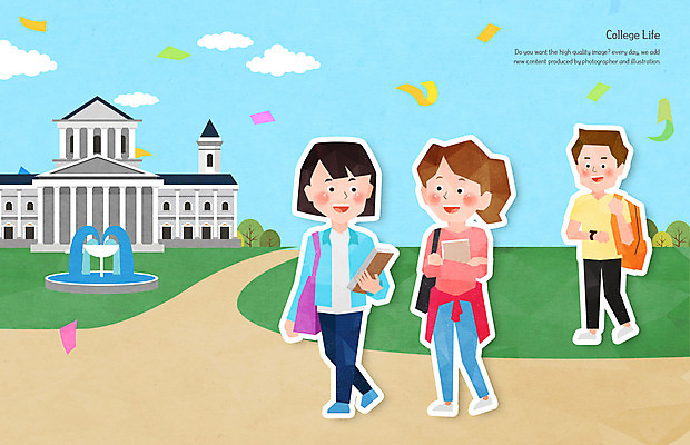 전신 PSD 여자 남자 대학생 일러스트 대화 들기 성인 세명 걷기 캠퍼스라이프 대학교 분수대 꽃가루 성인만 국내일러스트 학생 라이프스타일 학교 모션 말하기 사람 가루 파일형식
