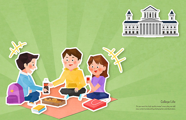 전신 PSD 여자 남자 대학생 일러스트 책가방 대화 들기 앉기 성인 건물 세명 초록색 쇼핑백 캠퍼스라이프 치킨 돗자리 대학교 성인만 국내일러스트 학생 라이프스타일 건축물 컬러 가방 학교 모션 말하기 사람 닭고기요리 파일형식