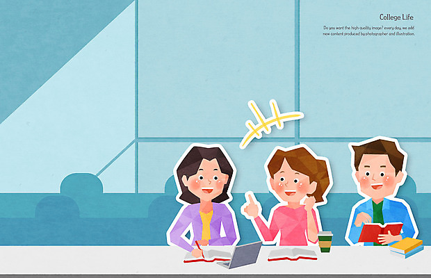 PSD 여자 남자 대학생 하늘색 일러스트 말하기 대화 들기 상반신 성인 책 세명 노트북 캠퍼스라이프 강의실 대학교 테이크아웃컵 성인만 조별과제 국내일러스트 학생 라이프스타일 교육 학교 모션 사람 컵 파란색 전자제품 공간 과제 파일형식