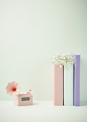 포토 JPG 스튜디오촬영 실내 따뜻함 사람없음 책 봄 오브젝트 감성 안개꽃 축음기 민트색배경 국내포토 계절 꽃 음향기기 백그라운드 컨셉 내부 골동품 민트색 한해살이풀 파일형식