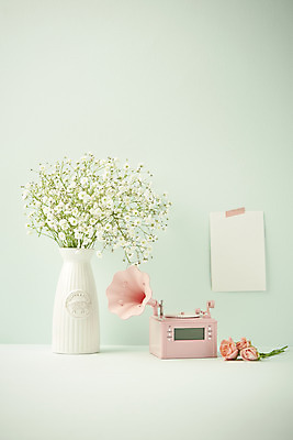 포토 JPG 스튜디오촬영 실내 따뜻함 사람없음 장미 꽃병 봄 메모지 오브젝트 감성 안개꽃 축음기 민트색배경 국내포토 계절 꽃 음향기기 백그라운드 컨셉 내부 사무용품 골동품 민트색 한해살이풀 파일형식