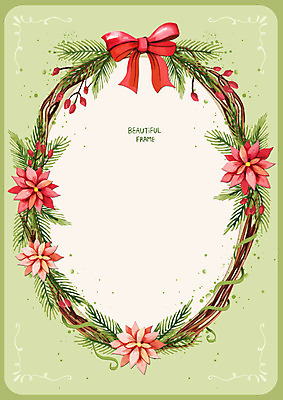 PSD 열매 리본 백그라운드 크리스마스 일러스트 프레임 사람없음 연두색 나뭇가지 솔잎 포인세티아 국내일러스트 나무 식물 기념일 꽃 잎 초록색 파일형식