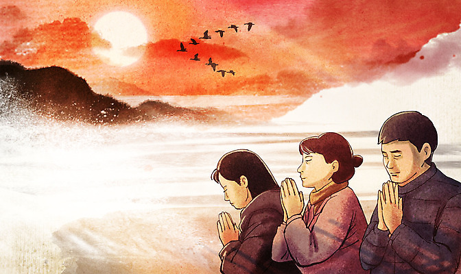 PSD 여자 남자 일러스트 가족 조류 새해 산 상반신 성인 세명 태양 눈감음 주황색 기도 성인만 국내일러스트 자연요소 동물 컬러 관계 모션 사람 파일형식