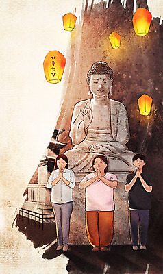 전신 PSD 여자 남자 종교 불교 일러스트 가족 서기 성인 세명 갈색 눈감음 부처님오신날 기도 불상 연등 합장 성인만 국내일러스트 기념일 컬러 관계 모션 사람 손짓 등불 불교용품 파일형식