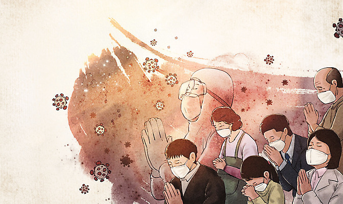 PSD 여자 할아버지 노년 남자 어린이 일러스트 고글 마스크 소녀 여러명 상반신 성인 눈감음 의료진 기도 직장인 코로나바이러스 방역복 포스트코로나 위드코로나 국내일러스트 직업 옷 다수 의학 모션 사람 바이러스 사회이슈 방역 파일형식