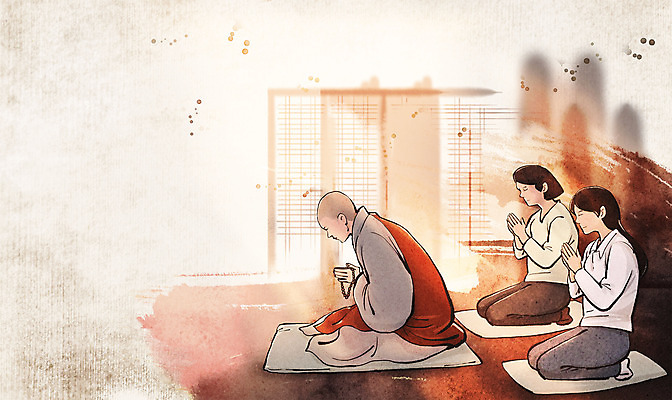 전신 PSD 여자 남자 불교 일러스트 성인 세명 갈색 눈감음 기도 사찰 무릎꿇기 승려 합장 성인만 국내일러스트 종교 컬러 종교건축 모션 사람 손짓 성직자 파일형식