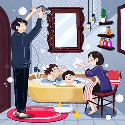 전신 PSD 부부 여자 남자 딸 행복 아들 어린이 일러스트 가족 엄마 욕조 소녀 소년 여러명 성인 목욕 거울 가족라이프 아빠 비눗방울 화장실 샤워기 비누거품 국내일러스트 라이프스타일 커플 감정 다수 관계 사람 청결 거품 파일형식