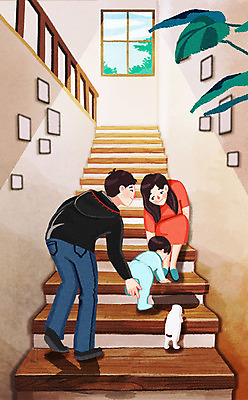 전신 PSD 한마리 여자 남자 행복 아들 일러스트 창문 가족 엄마 서기 앉기 성인 세명 계단 아기 가족라이프 아빠 강아지 반려 국내일러스트 1 라이프스타일 감정 관계 모션 사람 반려동물 개 파일형식