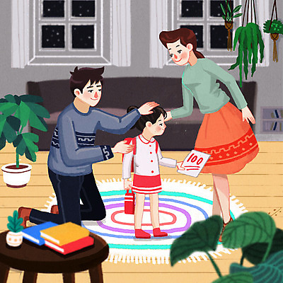 전신 PSD 여자 남자 딸 행복 어린이 일러스트 창문 가족 엄마 소녀 성인 세명 소파 가족라이프 아빠 무릎꿇기 시험지 백점 칭찬 쓰다듬기 국내일러스트 라이프스타일 감정 의자 관계 모션 사람 점수 파일형식