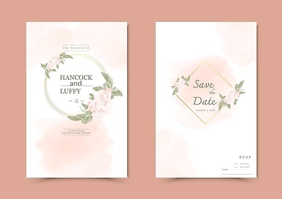 EPS 해외이미지 템플릿 디자인 꽃 분홍색 결혼 잎 꽃무늬 카드템플릿 일러스트 결혼식 수채화 사람없음 장미 낭만 축하 청첩장 초대 국경 해외일러스트 식물 컬러 컨셉 무늬 카드_감사 이벤트 파일형식 벡터