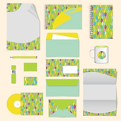 EPS 해외이미지 디자인 종이 일러스트 비즈니스 명함 사람없음 초록색 연필 공책 CD USB 편지지 레이아웃 비늘 목록 목업 레터헤드 해외202004 해외일러스트 컬러 문구용품 학용품 필기구 편지 파일형식 벡터