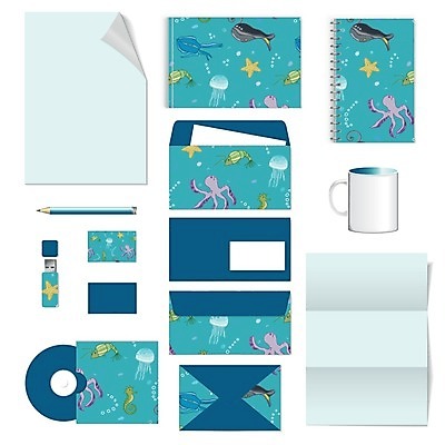 EPS 해외이미지 디자인 종이 일러스트 비즈니스 명함 사람없음 연필 공책 수중동물 CD USB 편지지 레이아웃 목록 민트색 목업 레터헤드 해외202004 해외일러스트 동물 컬러 문구용품 학용품 필기구 편지 파일형식 벡터