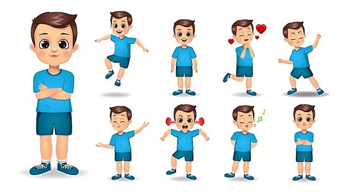 EPS 해외이미지 전신 남자 어린이 일러스트 표정 서기 웃음 소년 여러명 세트 팔짱 눈감음 점프 분노 하트 휘파람 소년만 해외일러스트 모양 감정 다수 모션 사람 남자만 어린이만 파일형식 벡터