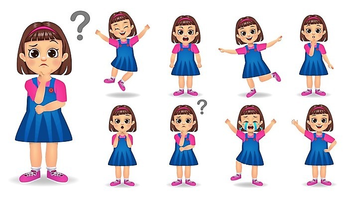 EPS 해외이미지 전신 여자 어린이 일러스트 표정 서기 여러명 세트 점프 물음표 울음 손인사 소녀만 해외일러스트 기호 다수 모션 사람 인사 여자만 어린이만 파일형식 벡터