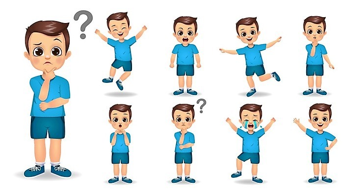 EPS 해외이미지 전신 남자 어린이 일러스트 표정 서기 웃음 소년 여러명 세트 물음표 울음 소년만 해외일러스트 기호 다수 모션 사람 남자만 어린이만 파일형식 벡터