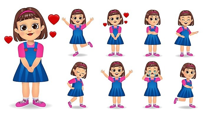 EPS 해외이미지 전신 여자 어린이 일러스트 표정 서기 웃음 여러명 세트 눈감음 하트 울음 소녀만 해외일러스트 모양 다수 모션 사람 여자만 어린이만 파일형식 벡터