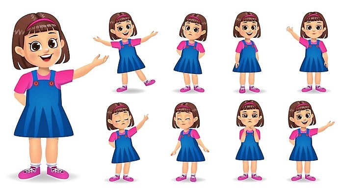 EPS 해외이미지 전신 여자 어린이 일러스트 표정 서기 여러명 세트 눈감음 가리킴 뒷짐 손인사 소녀만 해외일러스트 다수 모션 사람 손짓 인사 여자만 어린이만 파일형식 벡터