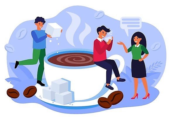 EPS 해외이미지 라이프스타일 여자 남자 커피 말풍선 일러스트 대화 서기 들기 앉기 성인 세명 카페 머그컵 원두 마시기 커피잔 부스러기 성인만 해외일러스트 음료 모션 잔 말하기 사람 생활 컵 상점 파일형식 벡터