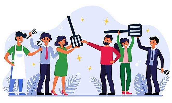 EPS 해외이미지 전신 여자 남자 행복 일러스트 요리 서기 미소 들기 여러명 성인 앞치마 기쁨 축하 잡기 우승 뒤집개 성인만 해외일러스트 감정 다수 컨셉 모션 주방용품 표정 사람 최고 파일형식 벡터