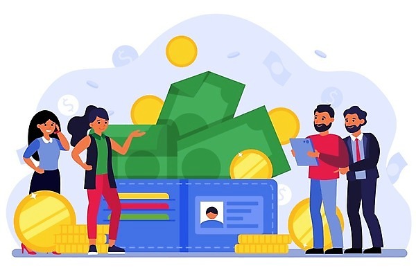 EPS 해외이미지 여자 남자 돈 일러스트 비즈니스 들기 여러명 성인 비즈니스라이프 거래 비즈니스맨 비즈니스우먼 지갑 문서 회계 성인만 해외일러스트 라이프스타일 다수 모션 사람 경제 직장인 재산 파일형식 벡터