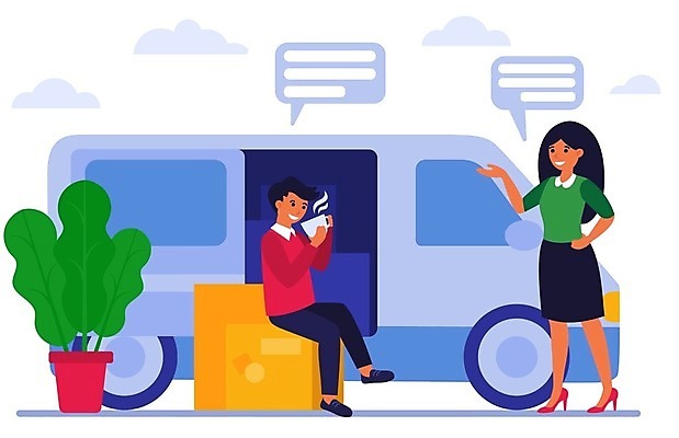 EPS 해외이미지 여자 남자 커피 말풍선 일러스트 자동차 휴식 대화 들기 앉기 손짓 성인 야외 두명 컵 마시기 배달원 승합차 택배상자 성인만 해외일러스트 직업 식기 음료 육상교통 컨셉 모션 승용차 말하기 사람 상자 택배 파일형식 벡터