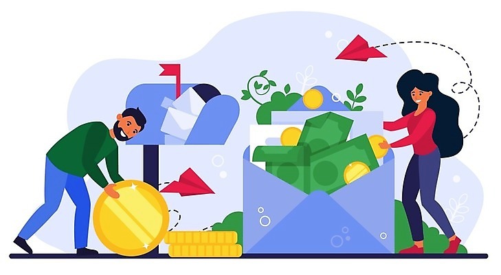 EPS 해외이미지 전신 여자 남자 돈 일러스트 비즈니스 봉투 편지봉투 성인 두명 우체통 잡기 종이비행기 이익 수입 성인만 해외일러스트 모션 사람 재산 편지 종이접기 파일형식 벡터